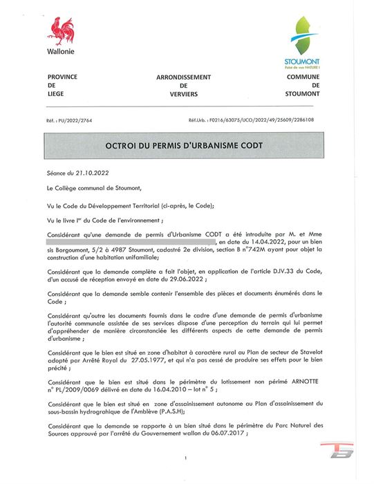 Terrain de 1.748m² libre de construct. avec permis