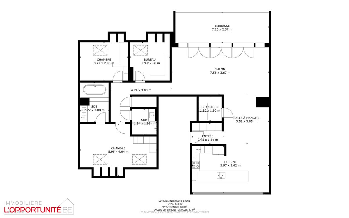 Magnifique penthouse moderne, 3 chambres, 2 salles de bains, terrasse et garage.