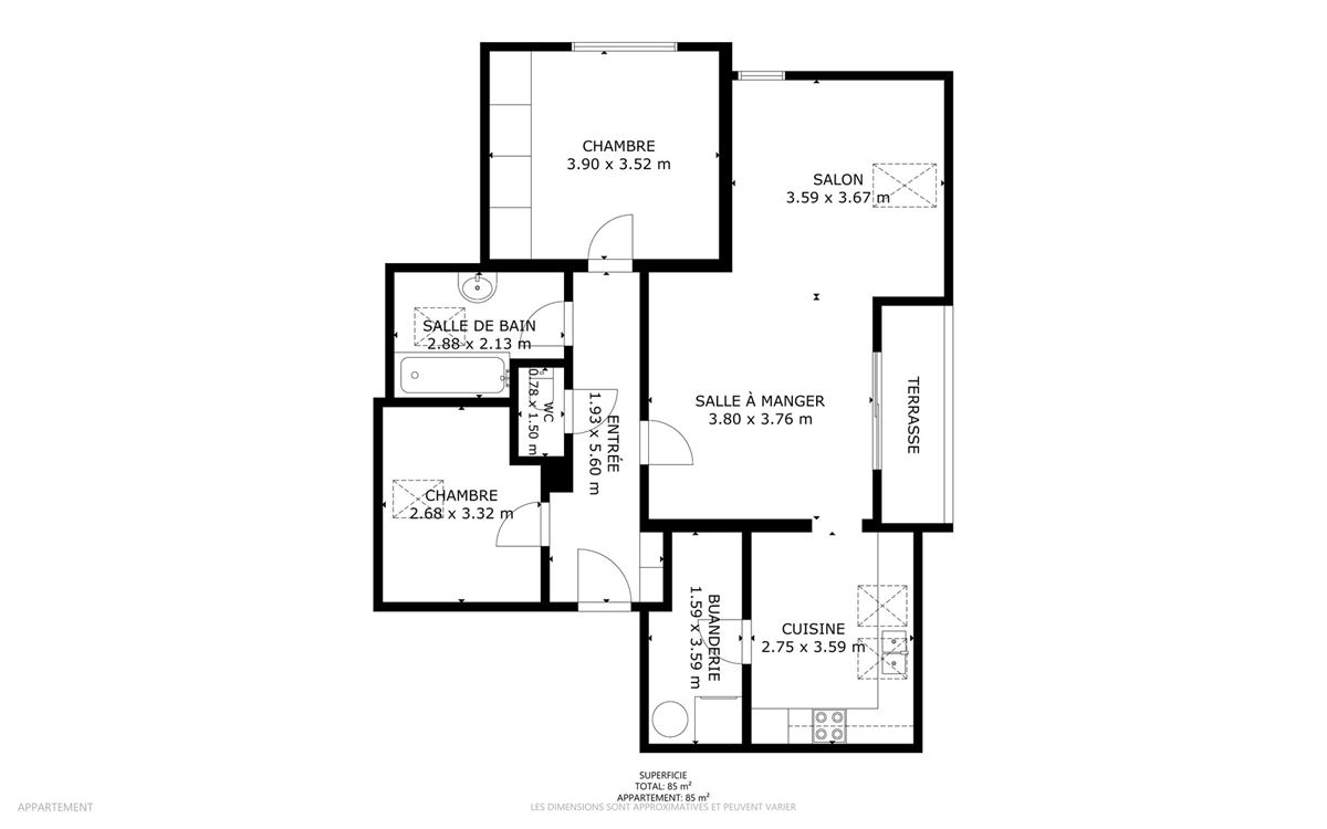 Superbe appartement penthouse, construction 1998, 2 ch, balcon, garage.