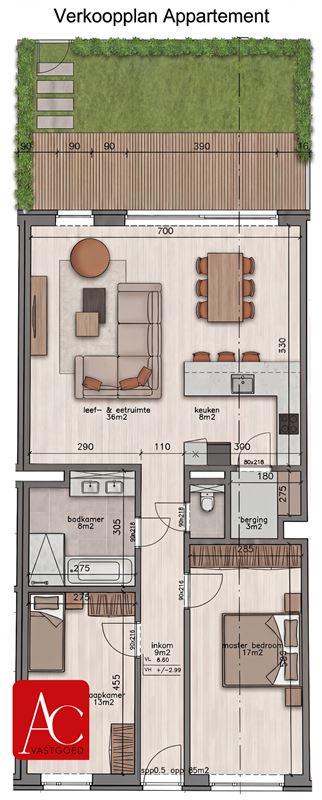 Gelijkvloers appartement met garage en 2 slaapkamers