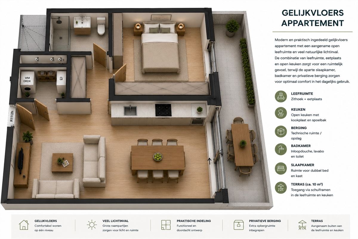 Instapklaar gelijkvloers appartement met tuin en parking