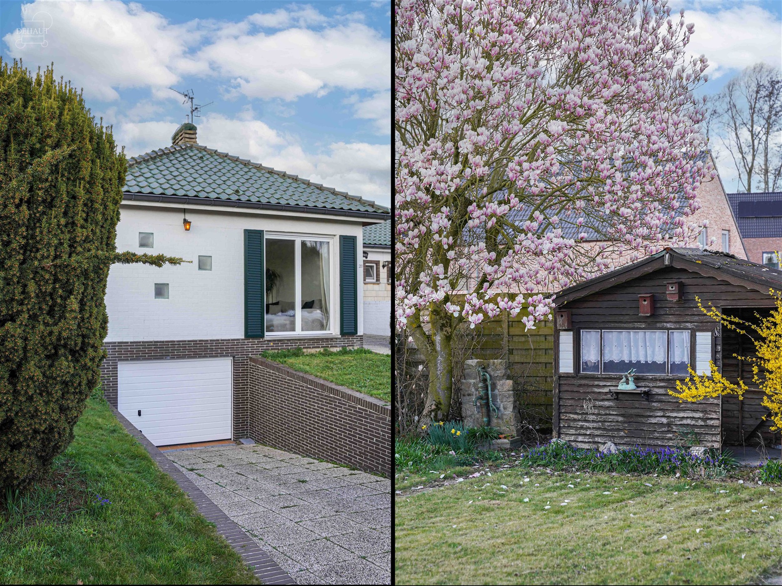 Aantrekkelijk gelijkvloers huis met 3 gevels, volledig uitgegraven met grote garage. Entree, hal die leidt naar een lichte woonkamer met open keuken, ...