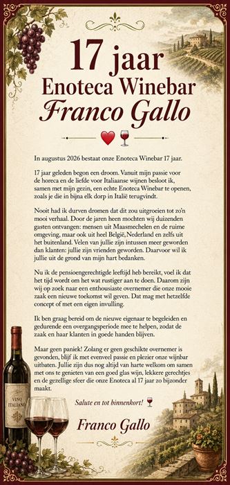 Over te nemen; wijnbar