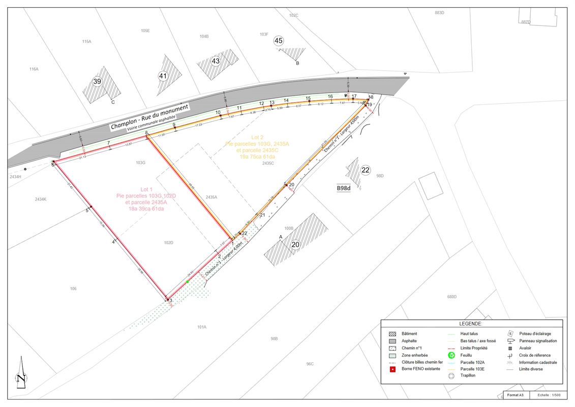 Terrain de 18a 39ca, hors lotissement, 35m à route